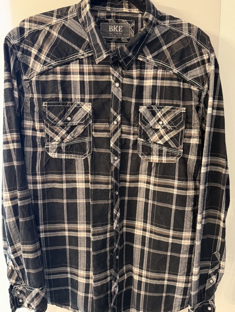 BKE Athletic Fit Pearl Snap Plaid Western Shirt Men’s XL Black Gray Cotton